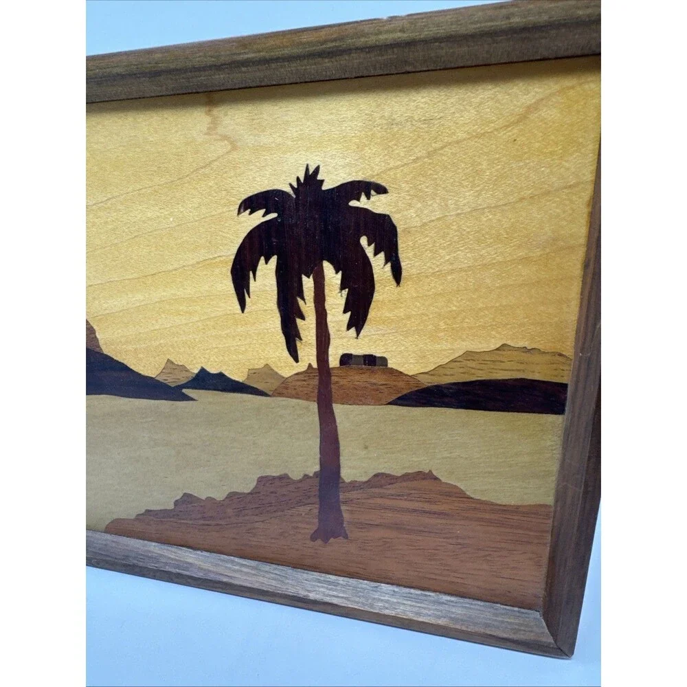 Vintage Old Wooden Inlaid Palm Tree Mountains Browns picture 9.5